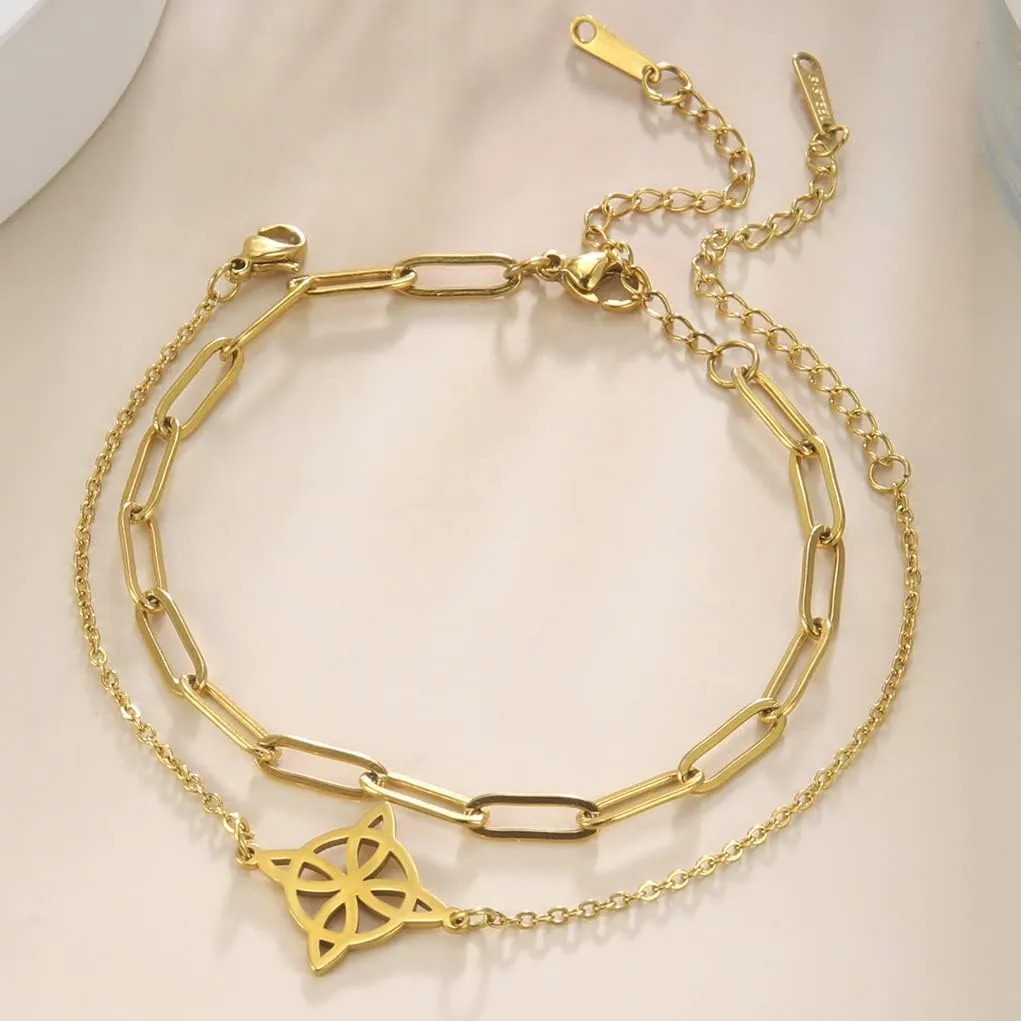 Witches Knot Bracelet For Women Celtic Knot Wiccan Symbol Layered Bracelet Stainless Steel Unique Charm Adjustable Double Layer Bracelet