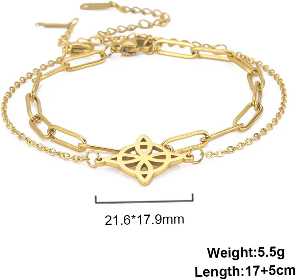 Witches Knot Bracelet For Women Celtic Knot Wiccan Symbol Layered Bracelet Stainless Steel Unique Charm Adjustable Double Layer Bracelet