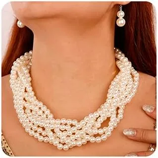 Wiwpar Chunky Cluster Imitation Pearl Statement Necklace Multi Strand Twisted Bib Collar Necklace Costume Jewelry Pearl Necklace and Earring Set 1920s Gastsby costume jewelry