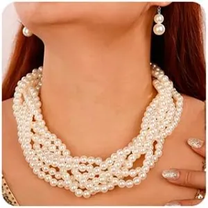 Wiwpar Chunky Cluster Imitation Pearl Statement Necklace Multi Strand Twisted Bib Collar Necklace Costume Jewelry Pearl Necklace and Earring Set 1920s Gastsby costume jewelry