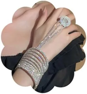 Wiwpar Full Crystal Rhinestone Finger Ring Bracelet Bangle Hand Chain Boho Layered Slave Chain Bracelet Hand Harness Finger Ring Prom Party Wedding Hand Accessories for Women Girls