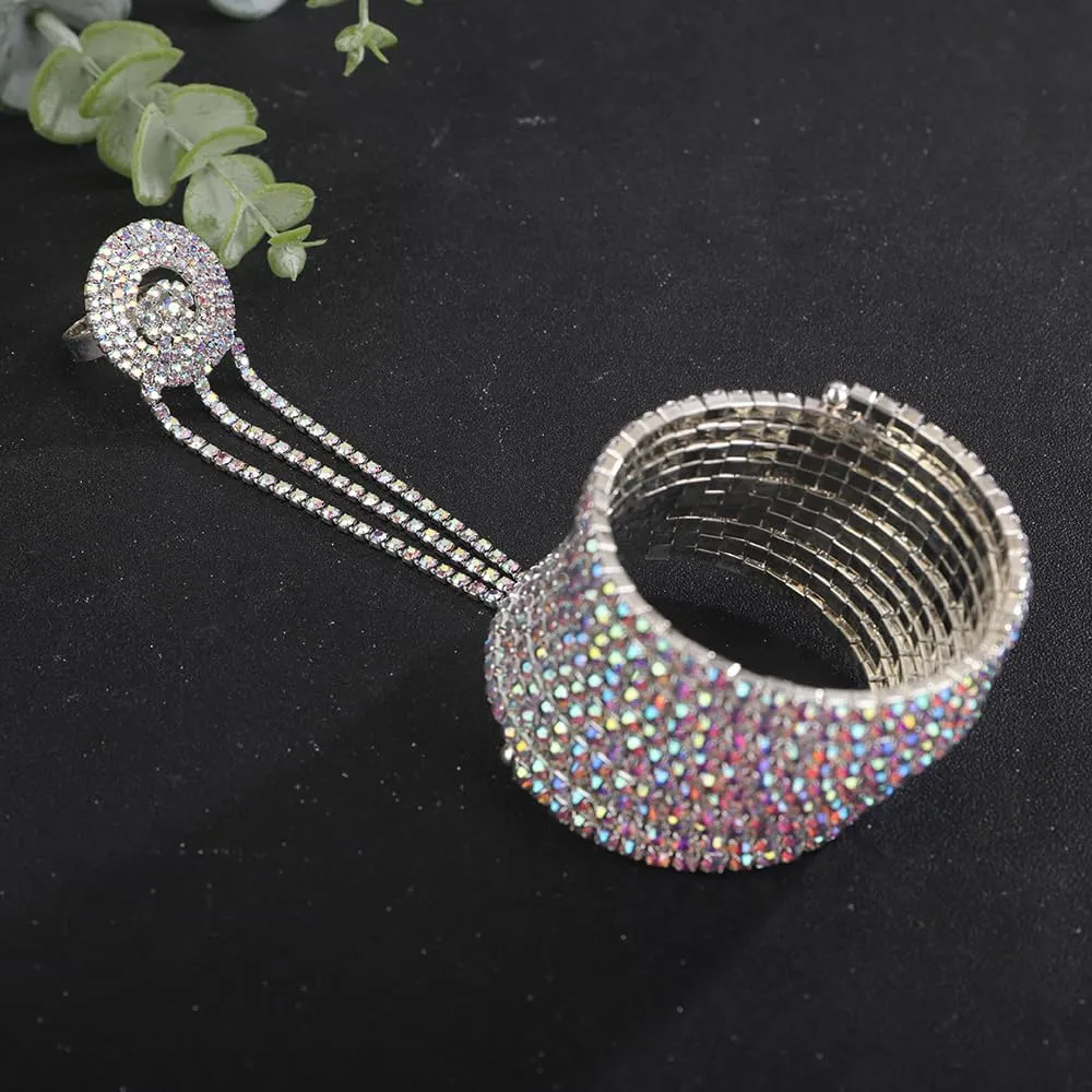 Wiwpar Full Crystal Rhinestone Finger Ring Bracelet Bangle Hand Chain Boho Layered Slave Chain Bracelet Hand Harness Finger Ring Prom Party Wedding Hand Accessories for Women Girls
