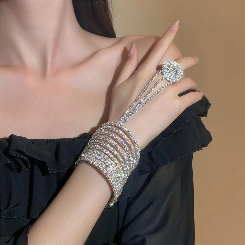 Wiwpar Full Crystal Rhinestone Finger Ring Bracelet Bangle Hand Chain Boho Layered Slave Chain Bracelet Hand Harness Finger Ring Prom Party Wedding Hand Accessories for Women Girls