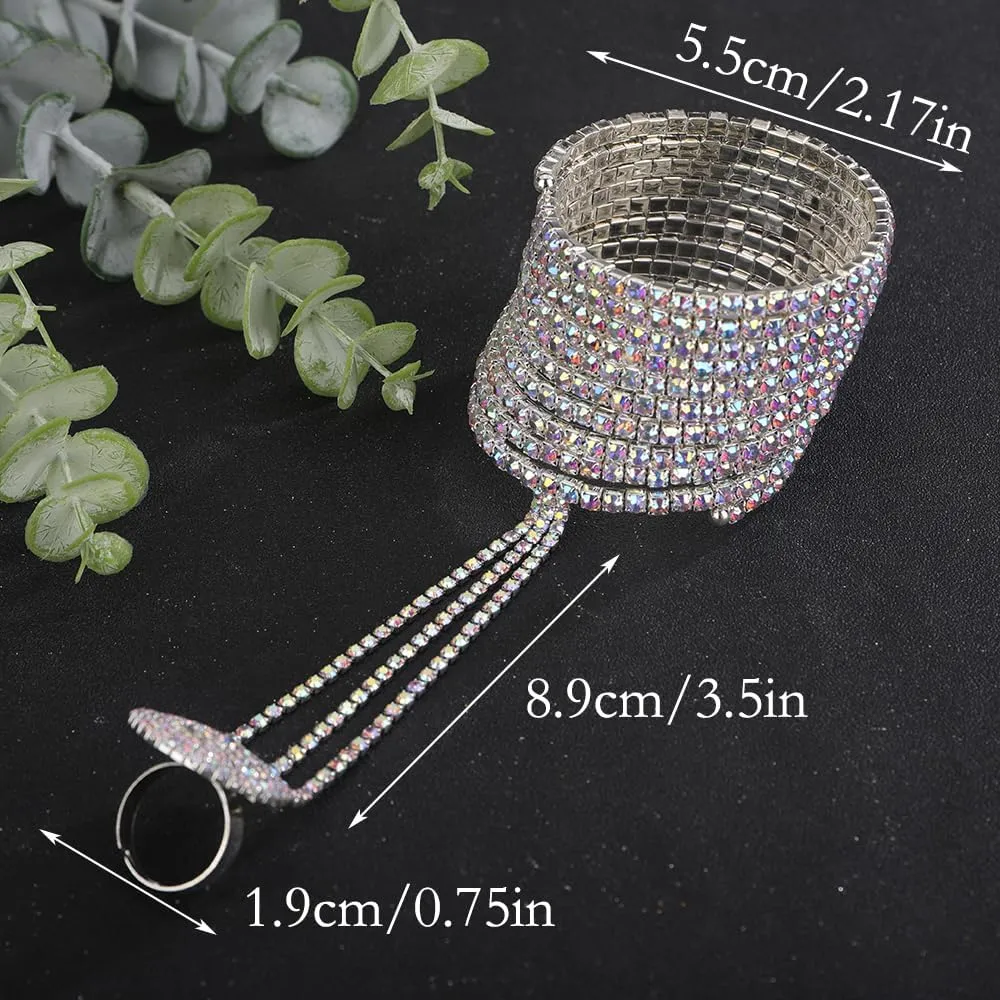 Wiwpar Full Crystal Rhinestone Finger Ring Bracelet Bangle Hand Chain Boho Layered Slave Chain Bracelet Hand Harness Finger Ring Prom Party Wedding Hand Accessories for Women Girls