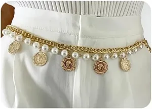 Wiwpar Pearl Waist Chain Belt Coin Pendant Beach Body Chains Fashion Body Belly Belt Silver Waist Chain for Women (Silver)