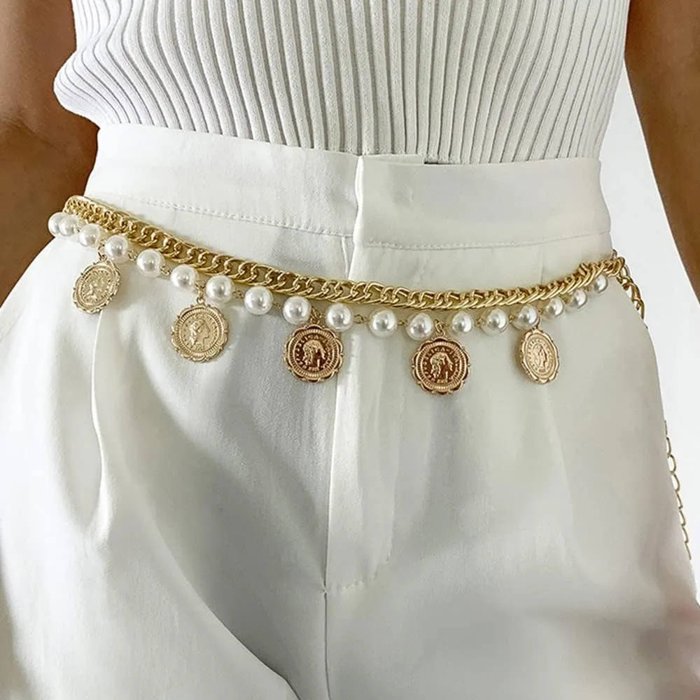 Wiwpar Pearl Waist Chain Belt Coin Pendant Beach Body Chains Fashion Body Belly Belt Silver Waist Chain for Women (Silver)