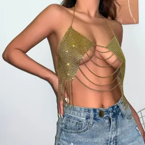 Wiwpar Sexy Bra Chain Rhinestone Crop Top Chest Body Chain Beach Nightclub Rave Bikini Women's Sexy Suit Body Chain Top Bra Tassels Body Accessories Jewelry (Gold)