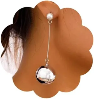 Wiwpar Silver Vintage Pearl Statement Ball Post Dangle Earrings Long Big Disco Ball Drop Dangle Earrings for Women Prom Pageant Earrings Jewelry (Silver)