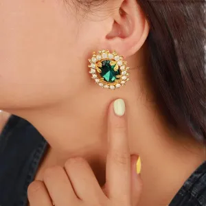 Wiwpar Sparkle Oval Shaped Crystal Rhinestone Stud Earrings Danity Gold Plated Big Oval Halo Stud Earrrings Fashion Jewelry for Women Girls Party Prom (Green)