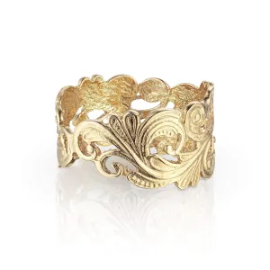 Women 22k Gold Plated Silver Alternative Wedding Ring, Unique Art-Deco Vintage Style Bridal Band, Holidays Ring Gift, Size 6