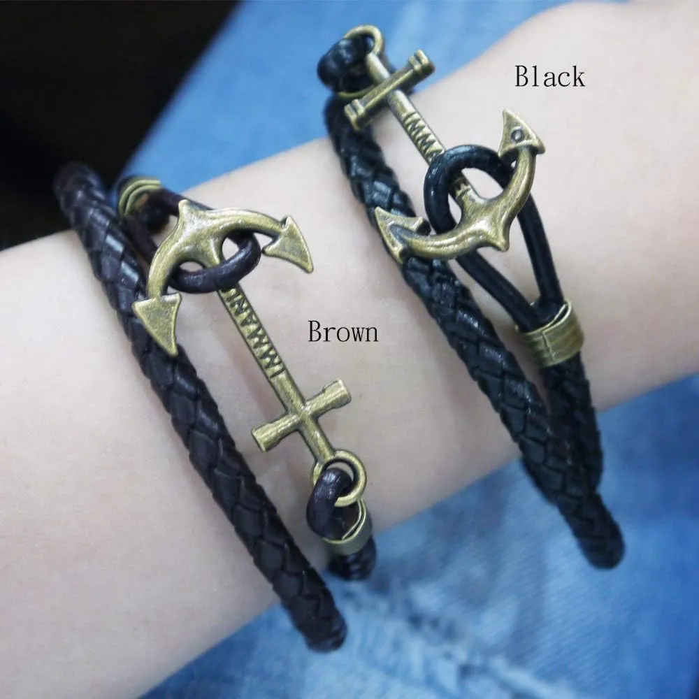 Women Ocean Anchor Leather Wrap Bracelets for Men Brown Leather Bracelet for Father Dad Mum Birthday Grandpa Grandson Anniversary
