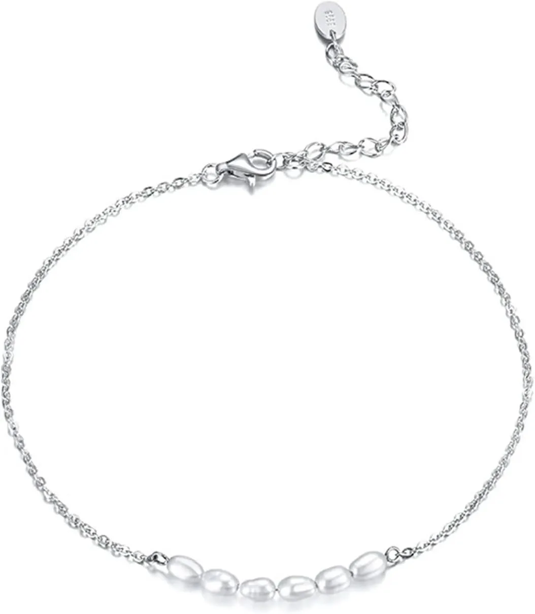 Womens Ankle Bracelets Sterling Silver, Boho Anklet with Pearls Adjustable Foot Jewelry Gifts for Friend