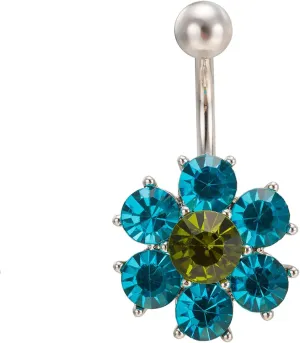Women's Belly Rings, Stainless Steel Flower Round Cubic Zirconia Navel Rings for Women, Light Blue 3.65G