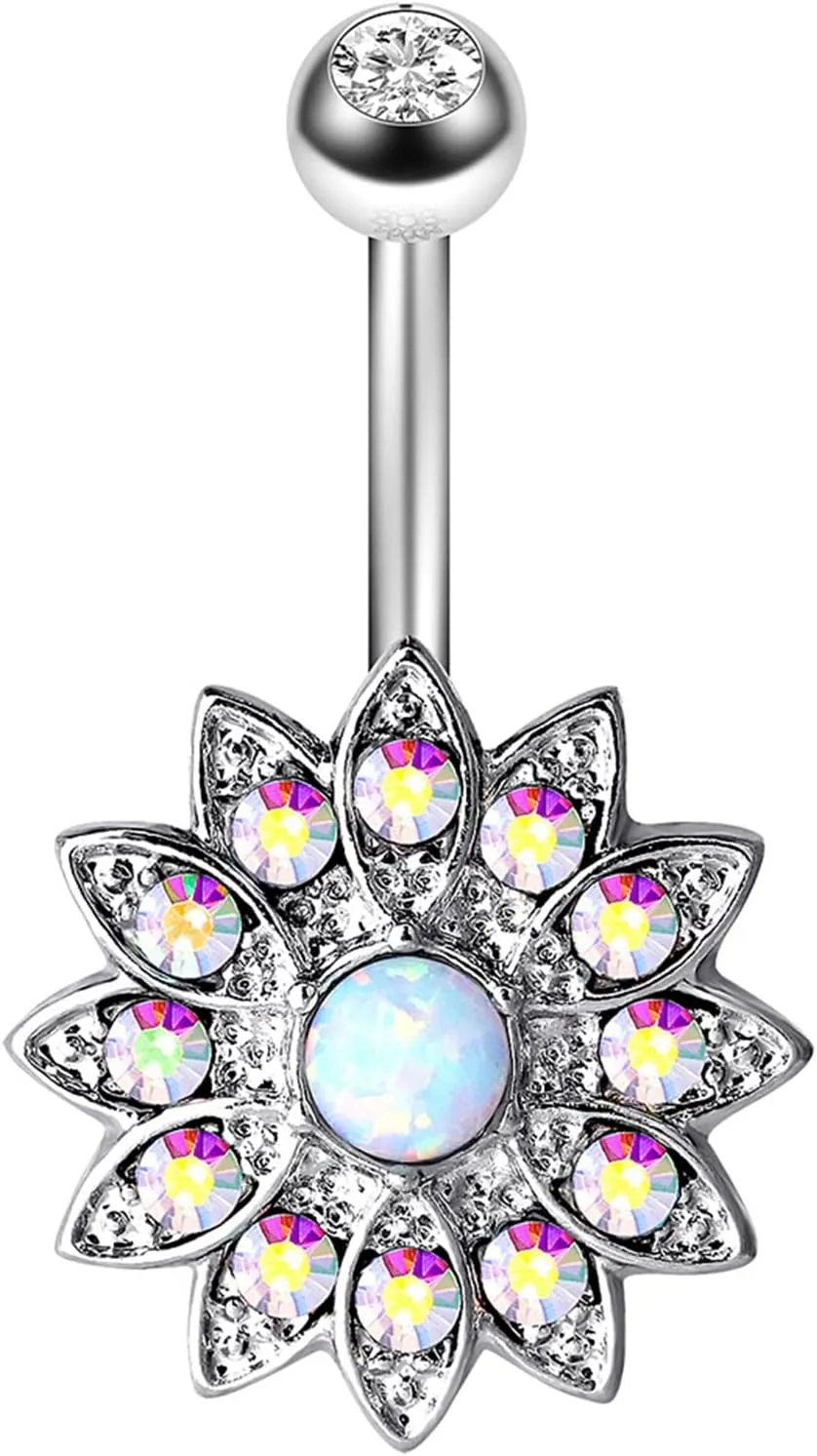 Wycian Navel Rings, Stainless Steel Belly Piercing Jewelry Belly Button Rings for Women Round Opal Belly Ring Style F