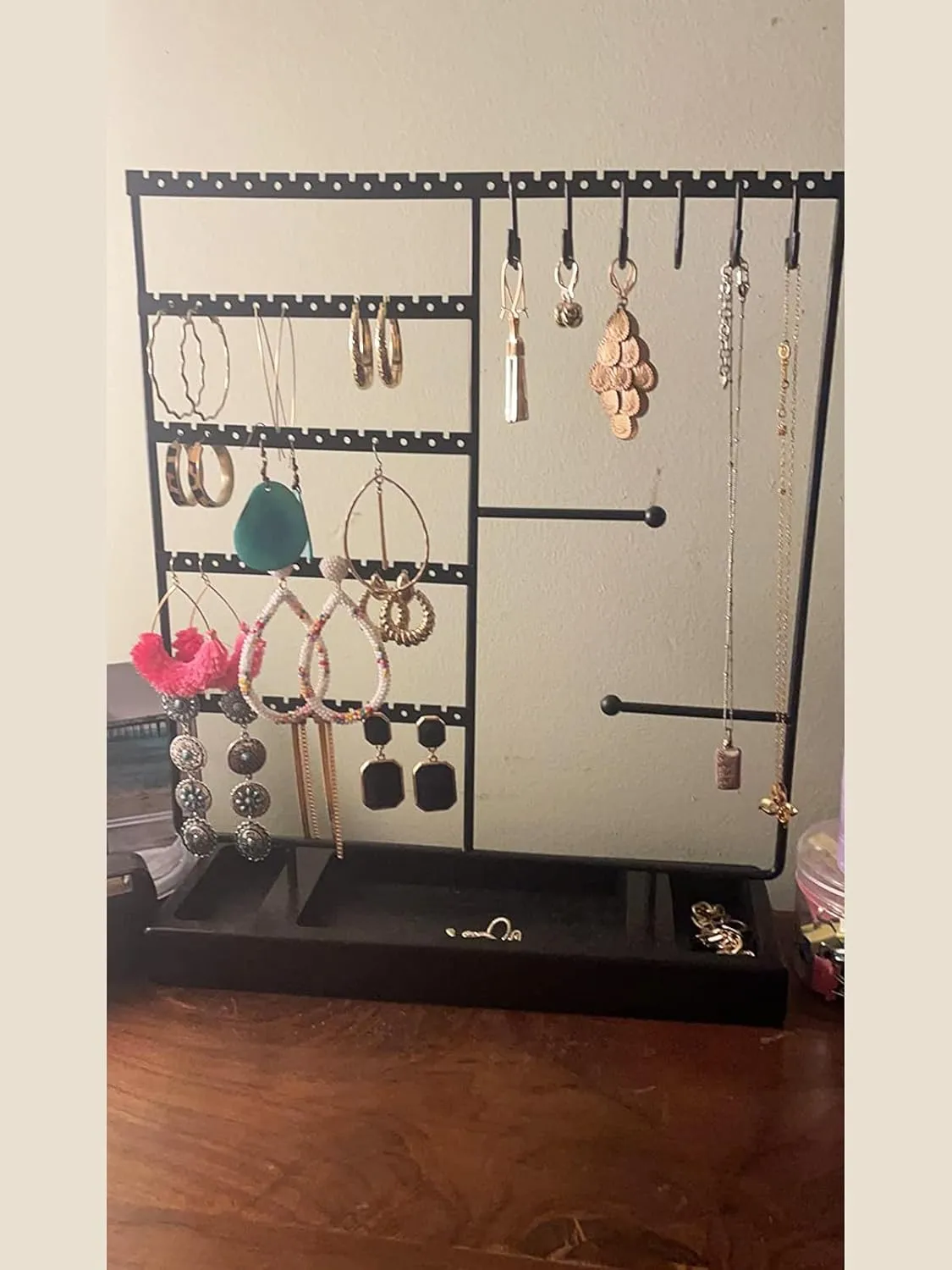 X-cosrack Earring Holder, Ear Stud Organizer with Wooden Tray,Earring Display Stand with 360 Rotating Necklace Holder,Jewelry Organizer Stand for Earrings Bracelets Watches and Rings,Black