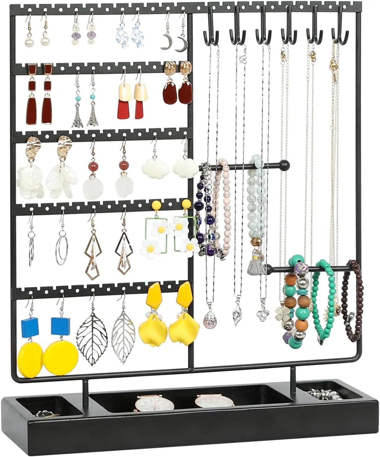 X-cosrack Earring Holder, Ear Stud Organizer with Wooden Tray,Earring Display Stand with 360 Rotating Necklace Holder,Jewelry Organizer Stand for Earrings Bracelets Watches and Rings,Black