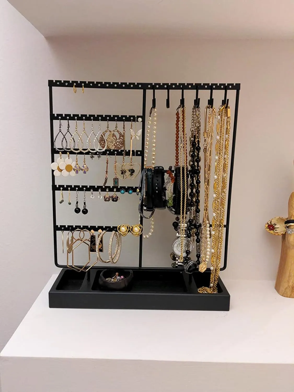 X-cosrack Earring Holder, Ear Stud Organizer with Wooden Tray,Earring Display Stand with 360 Rotating Necklace Holder,Jewelry Organizer Stand for Earrings Bracelets Watches and Rings,Black