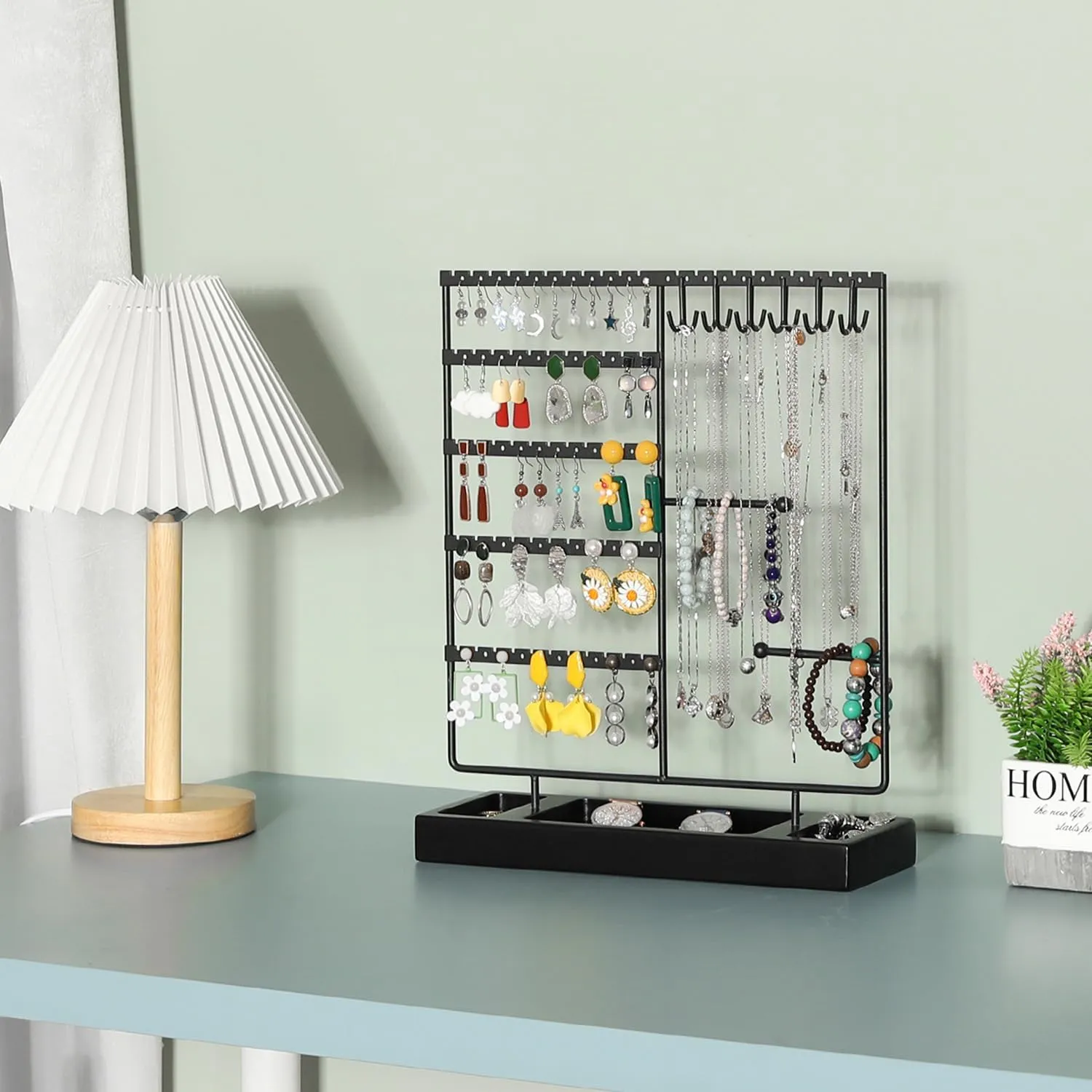 X-cosrack Earring Holder, Ear Stud Organizer with Wooden Tray,Earring Display Stand with 360 Rotating Necklace Holder,Jewelry Organizer Stand for Earrings Bracelets Watches and Rings,Black