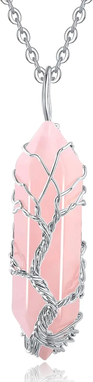XIANNVXI Rose Quartz Point Necklace Tree of Life Wire Wrapped Crystal Pendant Necklaces Healing Stone Natural Reiki Hexagonal Gemstone Jewelry for Women Mom Mother