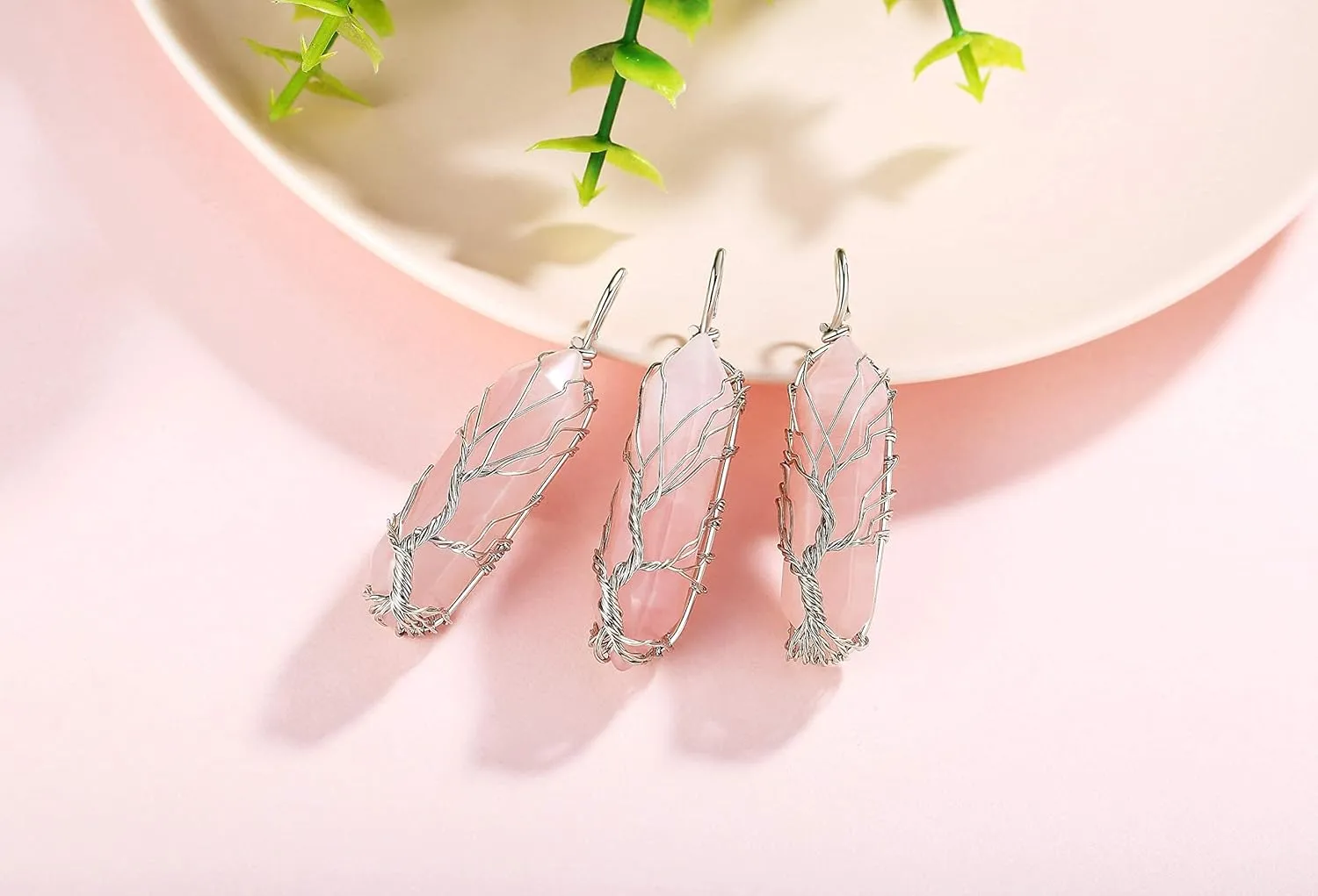 XIANNVXI Rose Quartz Point Necklace Tree of Life Wire Wrapped Crystal Pendant Necklaces Healing Stone Natural Reiki Hexagonal Gemstone Jewelry for Women Mom Mother