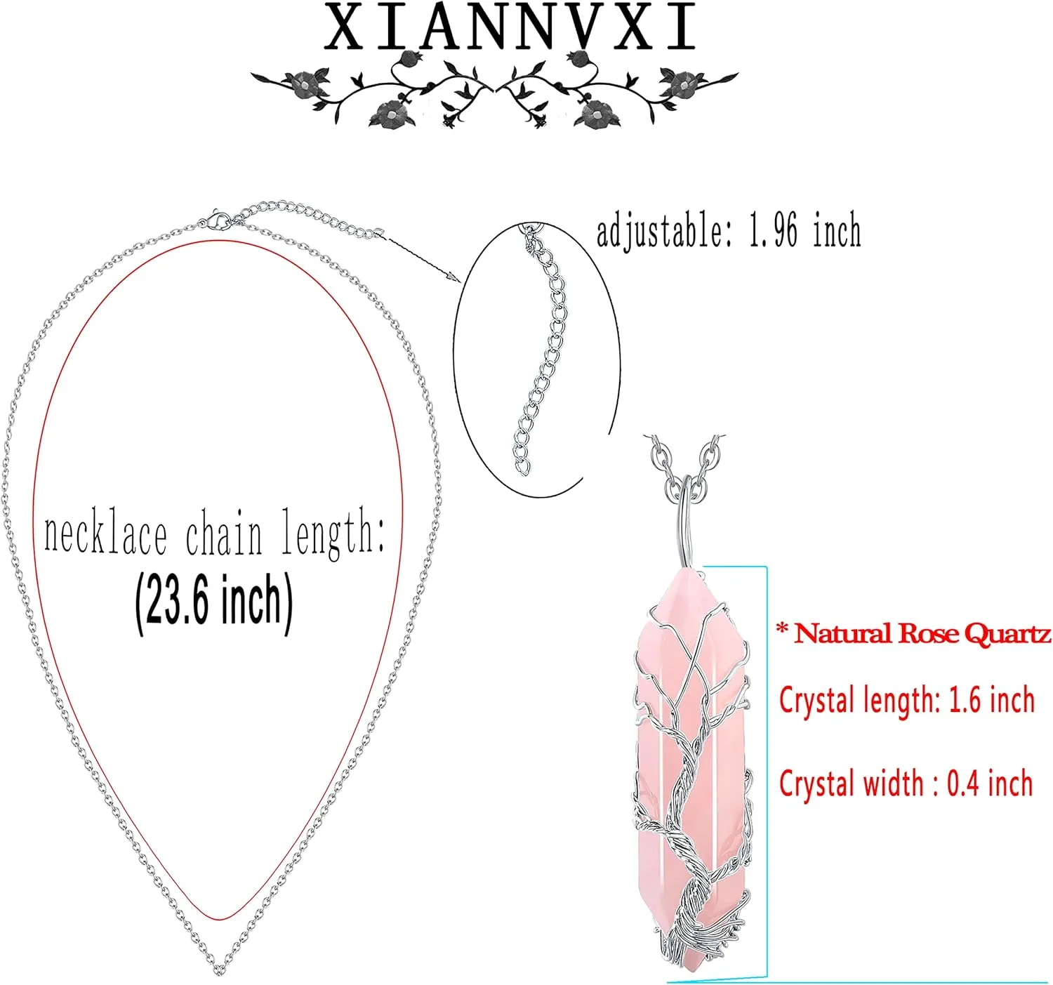 XIANNVXI Rose Quartz Point Necklace Tree of Life Wire Wrapped Crystal Pendant Necklaces Healing Stone Natural Reiki Hexagonal Gemstone Jewelry for Women Mom Mother