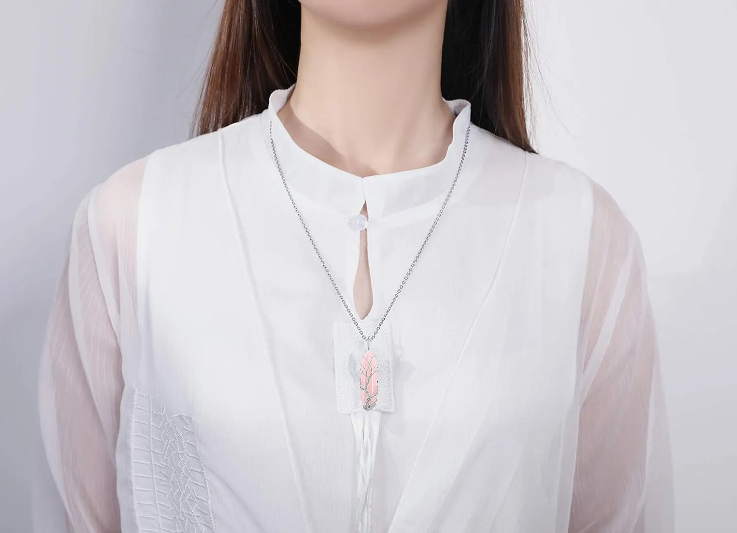 XIANNVXI Rose Quartz Point Necklace Tree of Life Wire Wrapped Crystal Pendant Necklaces Healing Stone Natural Reiki Hexagonal Gemstone Jewelry for Women Mom Mother