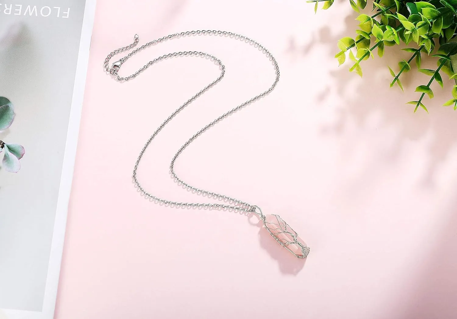 XIANNVXI Rose Quartz Point Necklace Tree of Life Wire Wrapped Crystal Pendant Necklaces Healing Stone Natural Reiki Hexagonal Gemstone Jewelry for Women Mom Mother