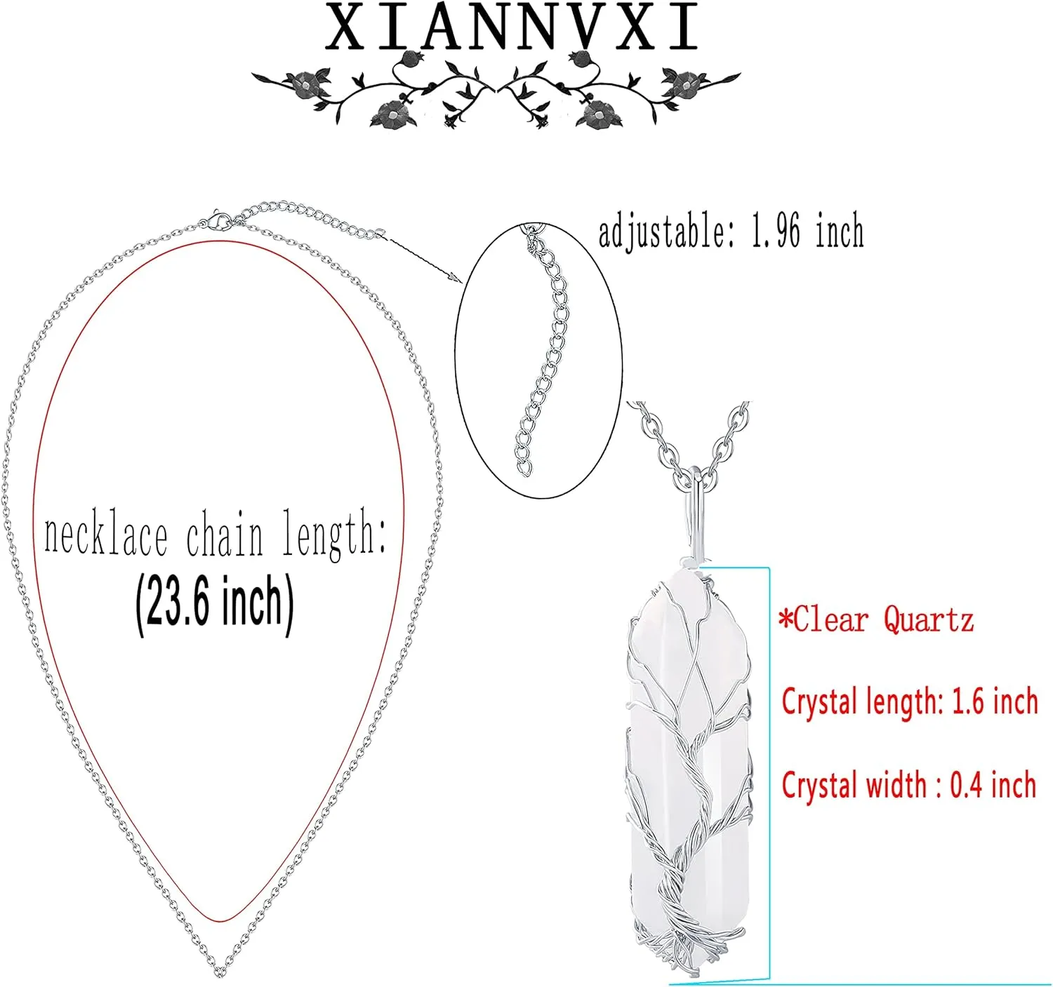 XIANNVXI Tree of Life Wire Wrapped Crystal Point Pendant Necklace Reiki Healing Crystal Stone Clear Quartz Necklaces Natural Hexagonal Gemstone Jewelry for Women