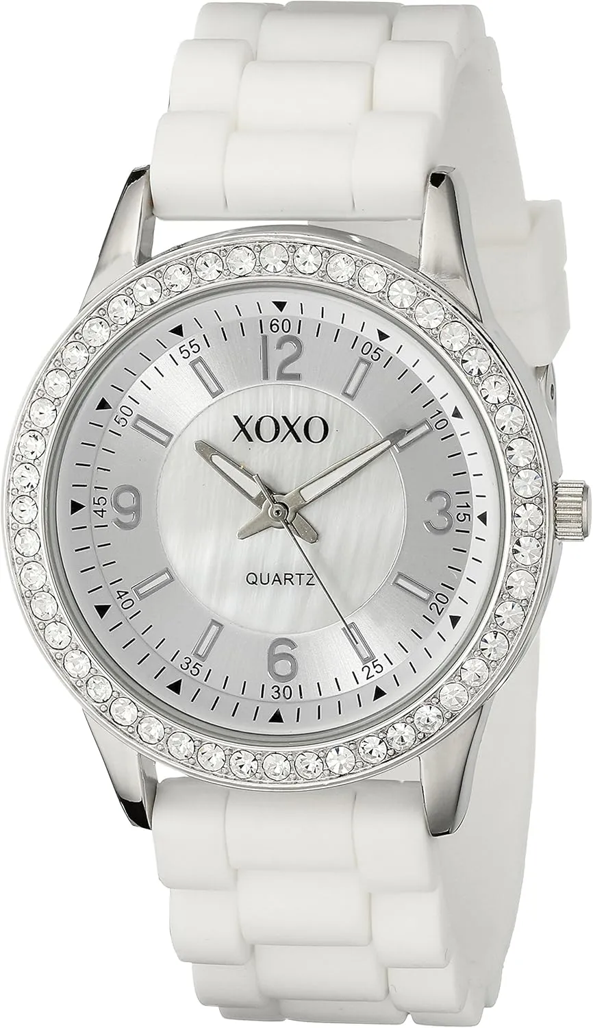 XOXO Women's Rhinestone Bezel Watch with White Silicone Strap, Mother-of-Pearl Sunray Dial, Quartz Movement, 40mm Stainless Steel Case, Fits Wrists 5.5" to 8"