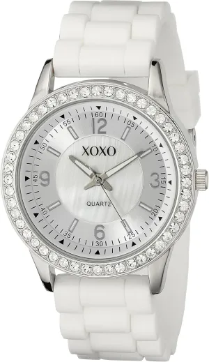 XOXO Women's Rhinestone Bezel Watch with White Silicone Strap, Mother-of-Pearl Sunray Dial, Quartz Movement, 40mm Stainless Steel Case, Fits Wrists 5.5" to 8"