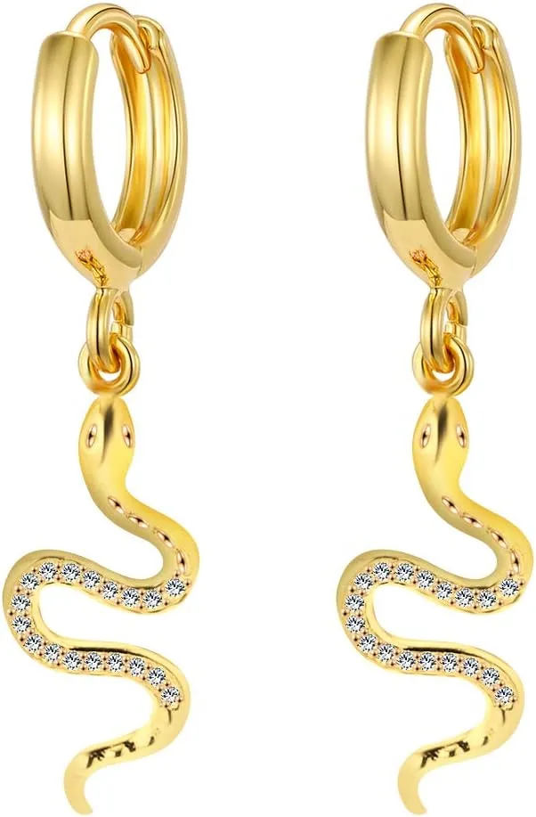 XYJZXY Gold Huggie Small Hoop Earrings with Charm Personalized Snake/Evil Eye/Star/Cross/Lock/Key 18k Gold Plated Crystal Drop Dangle Earrings for Women