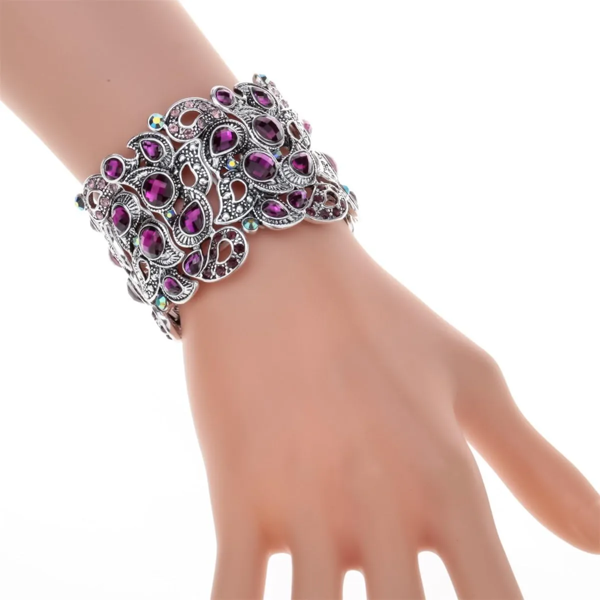 YACQ Women's Flower Stretch Cuff Bracelet fit Wrist Size 6-1/2 to 7-1/2 Inch - Comfortable Elastic Band & Floral Pattern Crystal Jewelry - Lead & Nickle Free - Halloween Costume Outfit