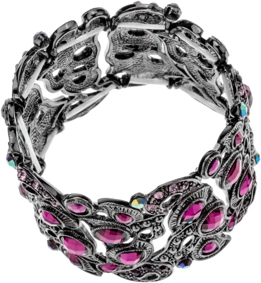 YACQ Women's Flower Stretch Cuff Bracelet fit Wrist Size 6-1/2 to 7-1/2 Inch - Comfortable Elastic Band & Floral Pattern Crystal Jewelry - Lead & Nickle Free - Halloween Costume Outfit