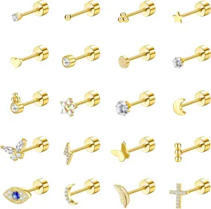 YADOCA 20Pcs Stainless Steel Flat Back Earrings for Women Men 20G Small Cartilage Stud Earrings Hypoallergenic CZ Butterfly Heart Eye Small Screw Back Earrings Set Multiple Piercing Jewelry