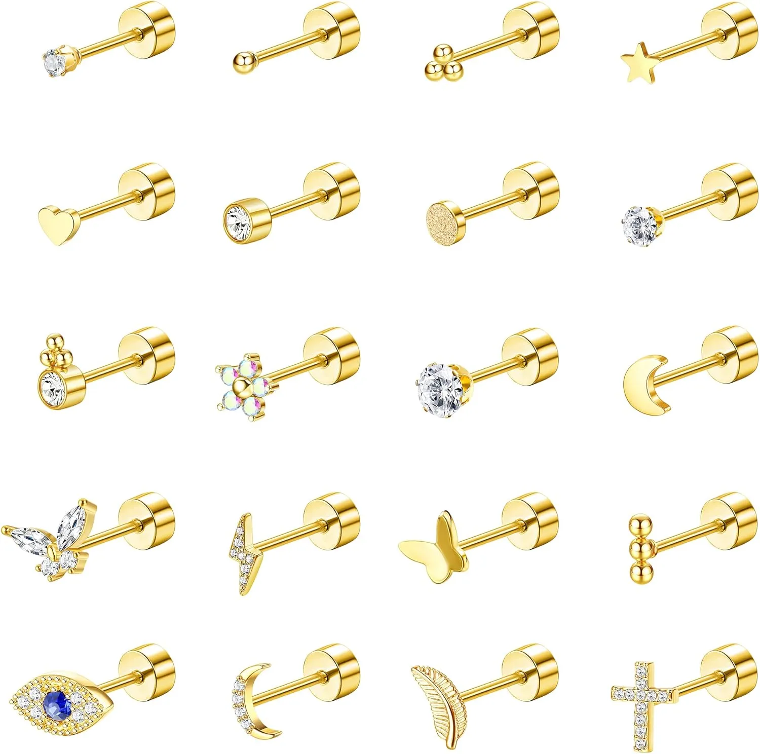 YADOCA 20Pcs Stainless Steel Flat Back Earrings for Women Men 20G Small Cartilage Stud Earrings Hypoallergenic CZ Butterfly Heart Eye Small Screw Back Earrings Set Multiple Piercing Jewelry
