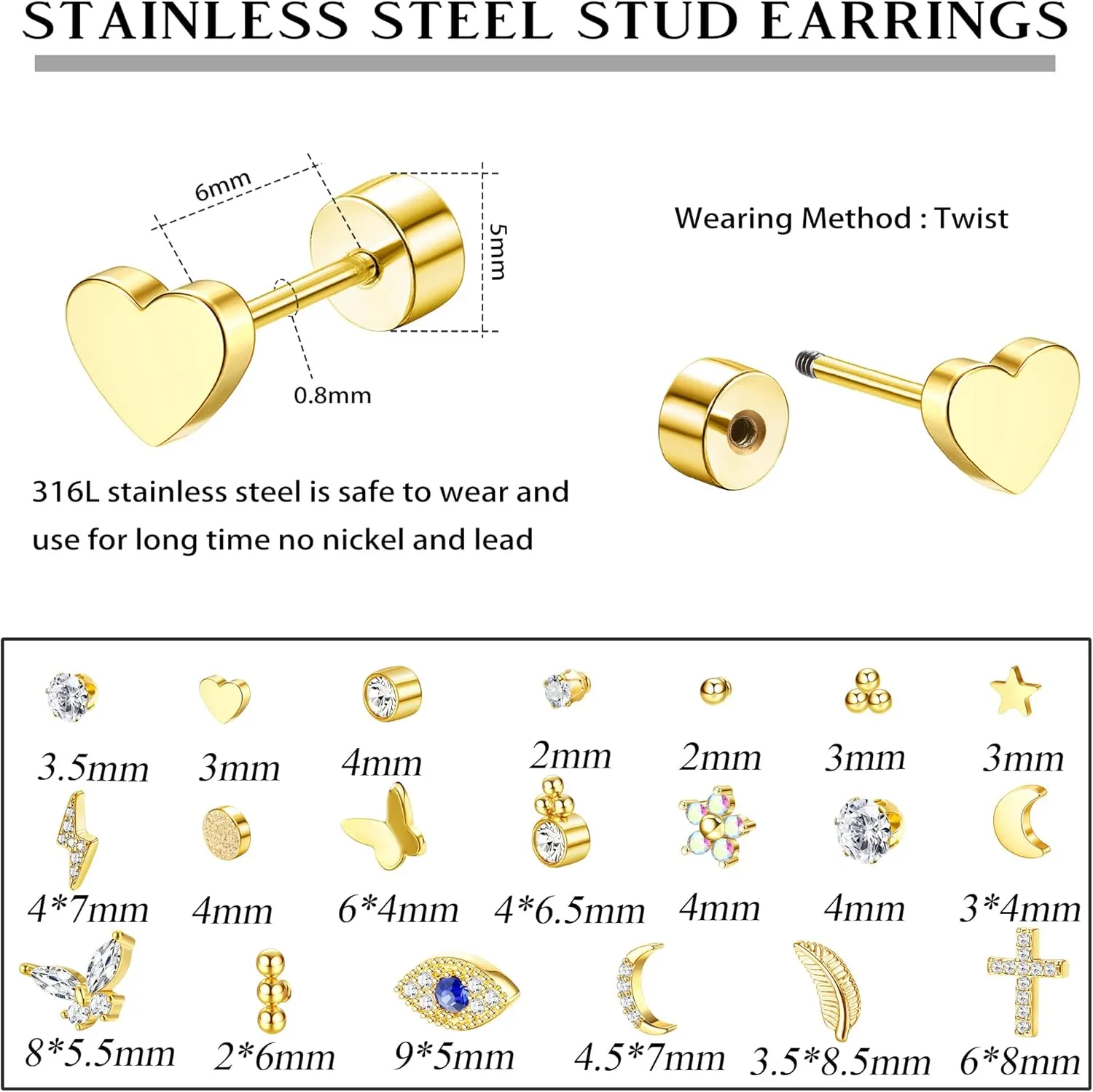 YADOCA 20Pcs Stainless Steel Flat Back Earrings for Women Men 20G Small Cartilage Stud Earrings Hypoallergenic CZ Butterfly Heart Eye Small Screw Back Earrings Set Multiple Piercing Jewelry