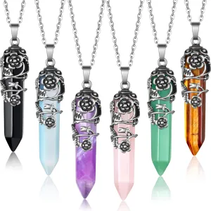Yaomiao 6 Pieces Hexagonal Healing Crystal Necklace Natural Prism Stone Pendant Flower Wrapped Antique Quartz Yoga Energy with 20 Inch Chain (Antique Silver Flower and Chain)