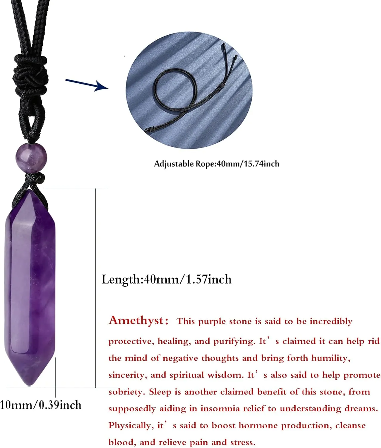 YATOJUZI Amethyst Healing Crystal Stone Necklace Hexagonal Pointed Pendant Necklaces Adjustable Rope Natural Gemstone Necklace Reiki Enger Quartz Jewelry for Women Men