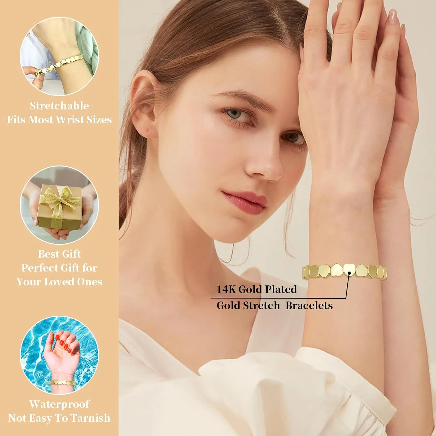 YBMYCM Gold Bracelets for Women 14K Gold Plated Square Bracelet Stretch Heart Elastic Bracelets Bangle Gift Jewelry