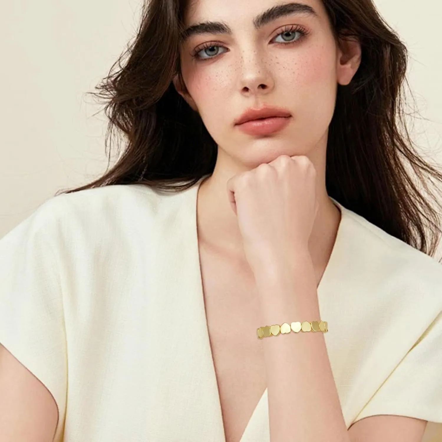 YBMYCM Gold Bracelets for Women 14K Gold Plated Square Bracelet Stretch Heart Elastic Bracelets Bangle Gift Jewelry
