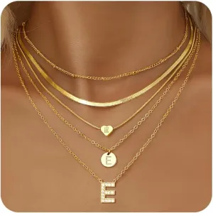 YEEZII 5 Pcs Gold Initial Necklaces Set for Women, 14K Gold Plated Personalized Letter Necklace, Dainty Layered Initial Necklace for Women Gift (Gold, E)
