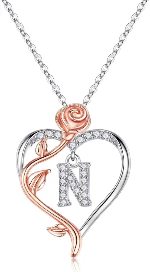 Yesteel Rose Heart Initial Necklaces Gifts for Women Teen Girls, Rose Love Heart Letter Pendant Necklace Jewelry Mothers Day Valentines Anniversary Birthday Gifts for Her Women Wife Girlfriend