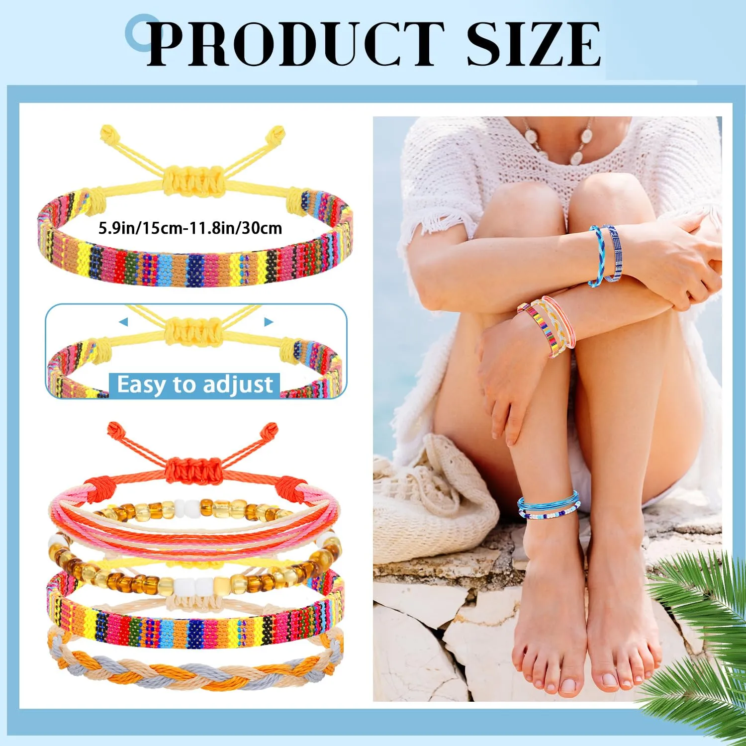 Yinkin 24 Pcs Boho Surfer Bracelet for Women Adjustable Anklets Bracelet Handmade Braided Bracelets for Men Waterproof Surfer Beach Bracelet Mexican Bracelet String Rope Jewelry(Retro Style)