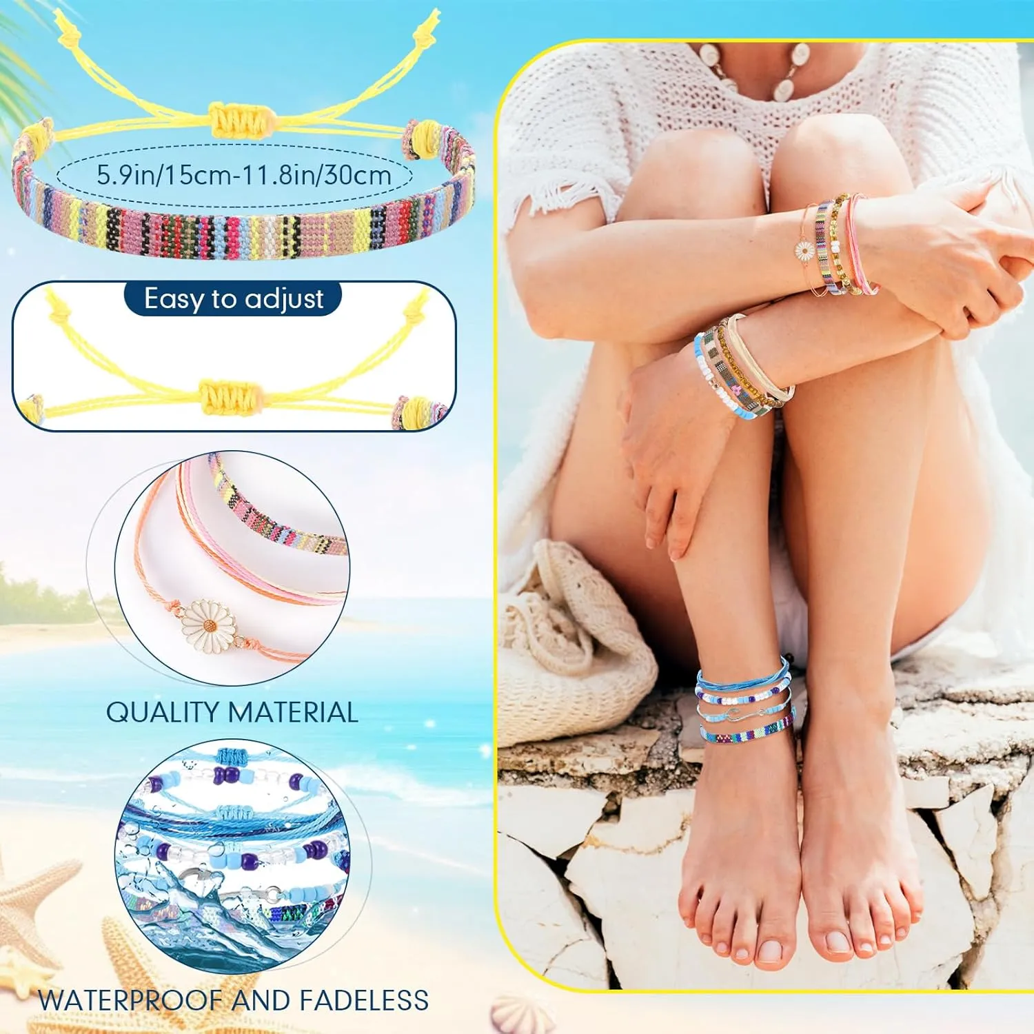 Yinkin 24 Pcs Boho Surfer Bracelet for Women Adjustable Anklets Bracelet Handmade Braided Bracelets for Men Waterproof Surfer Beach Bracelet Mexican Bracelet String Rope Jewelry(Vintage Style)