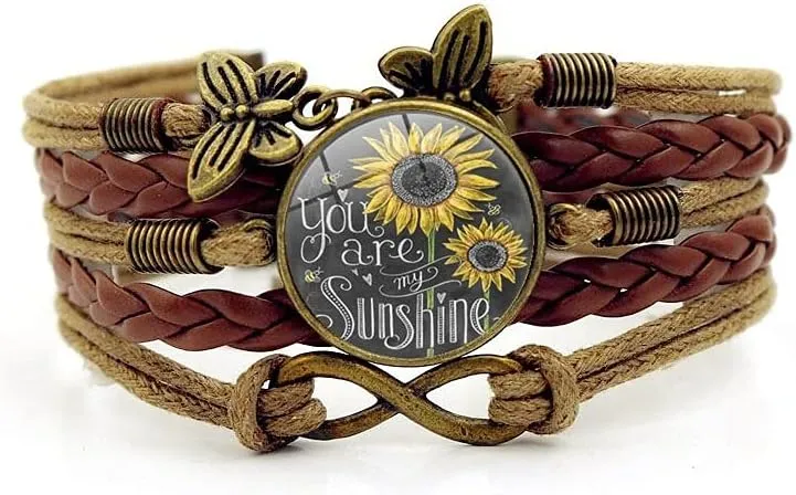 You Are My Sunshine Sunflower Layers Leather Bracelet Butterfly Eternal Endless Daisy Cahrms Bracelet for Women
