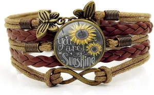 You Are My Sunshine Sunflower Layers Leather Bracelet Butterfly Eternal Endless Daisy Cahrms Bracelet for Women