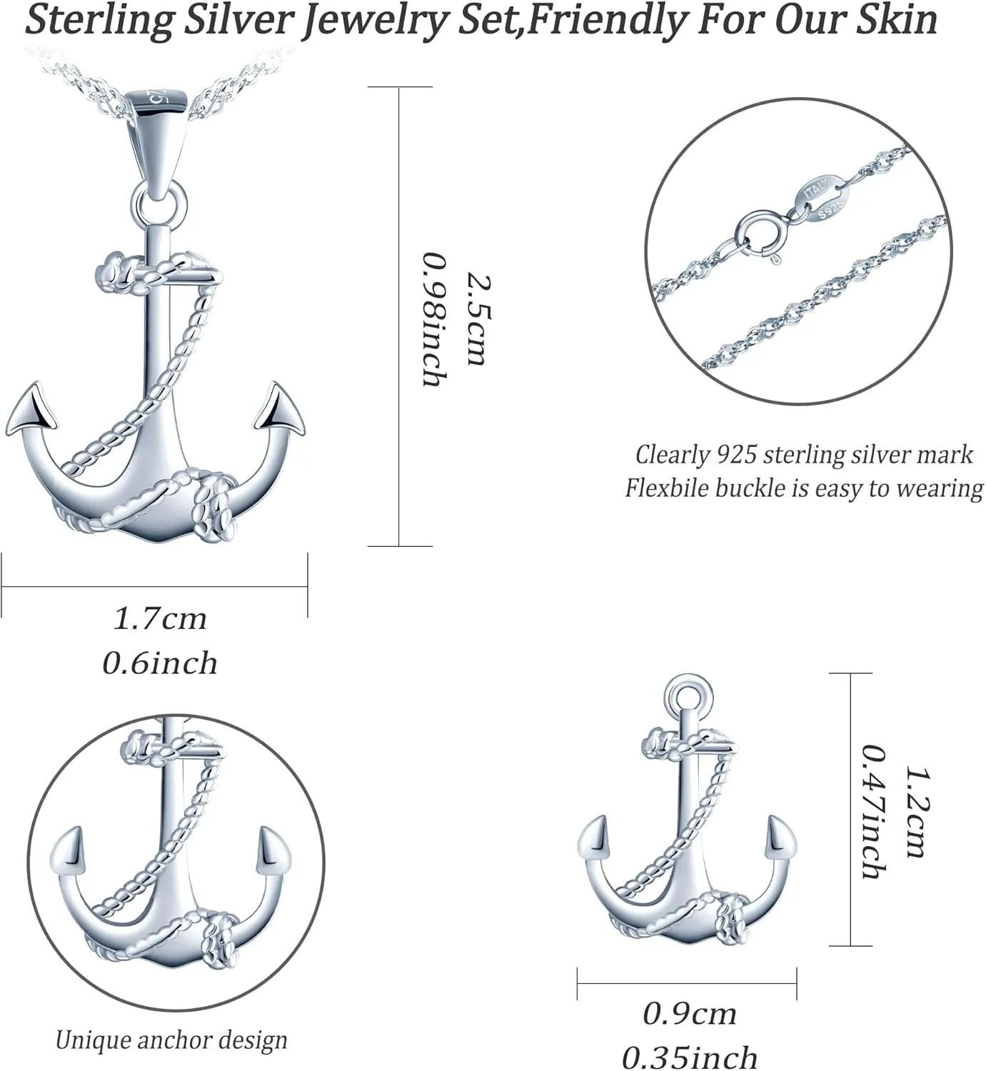 Yumilok Jewelry Sets for Women-Nautical Anchor Sterling Silver Necklace Earrings Dainty Locket Pendant Necklace Stud Earrings for Teen Friends Mom Birthday Bridesmaids Wedding Mothers Day Gifts