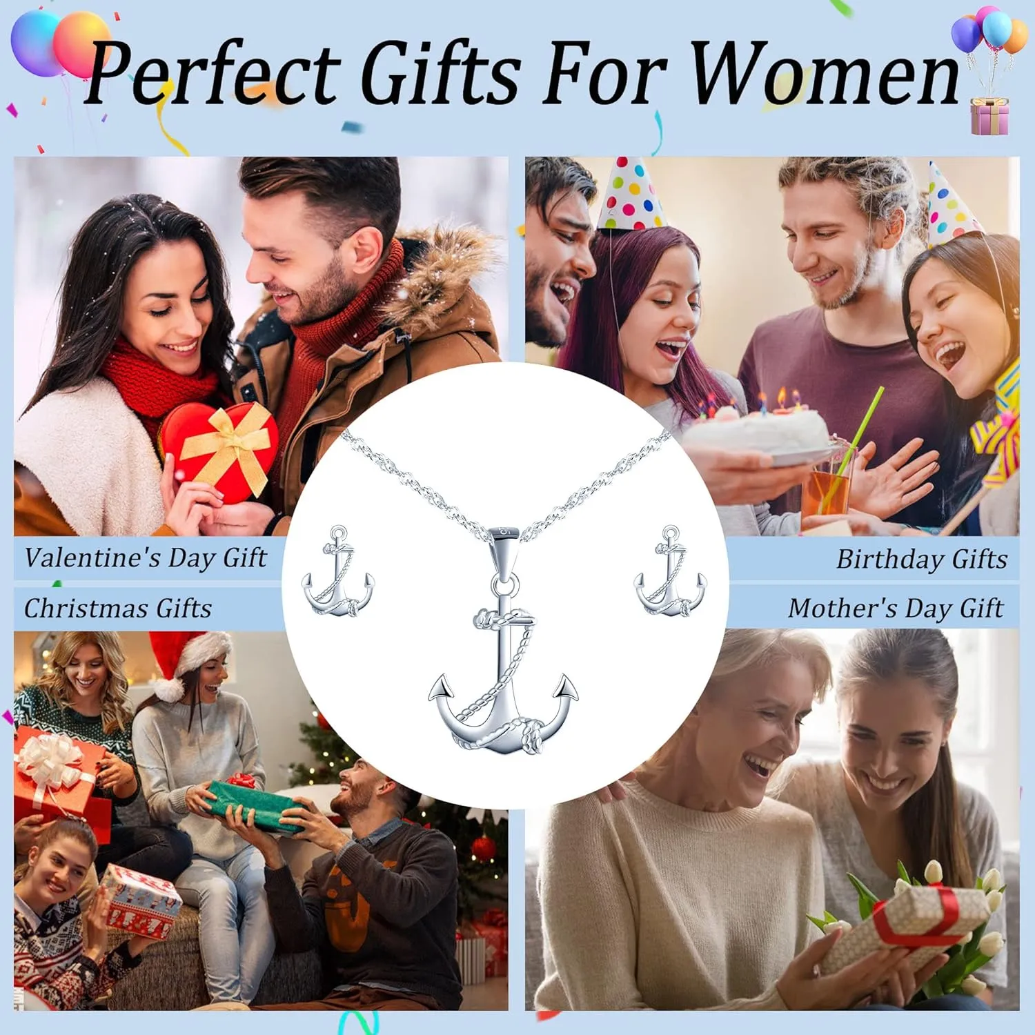Yumilok Jewelry Sets for Women-Nautical Anchor Sterling Silver Necklace Earrings Dainty Locket Pendant Necklace Stud Earrings for Teen Friends Mom Birthday Bridesmaids Wedding Mothers Day Gifts