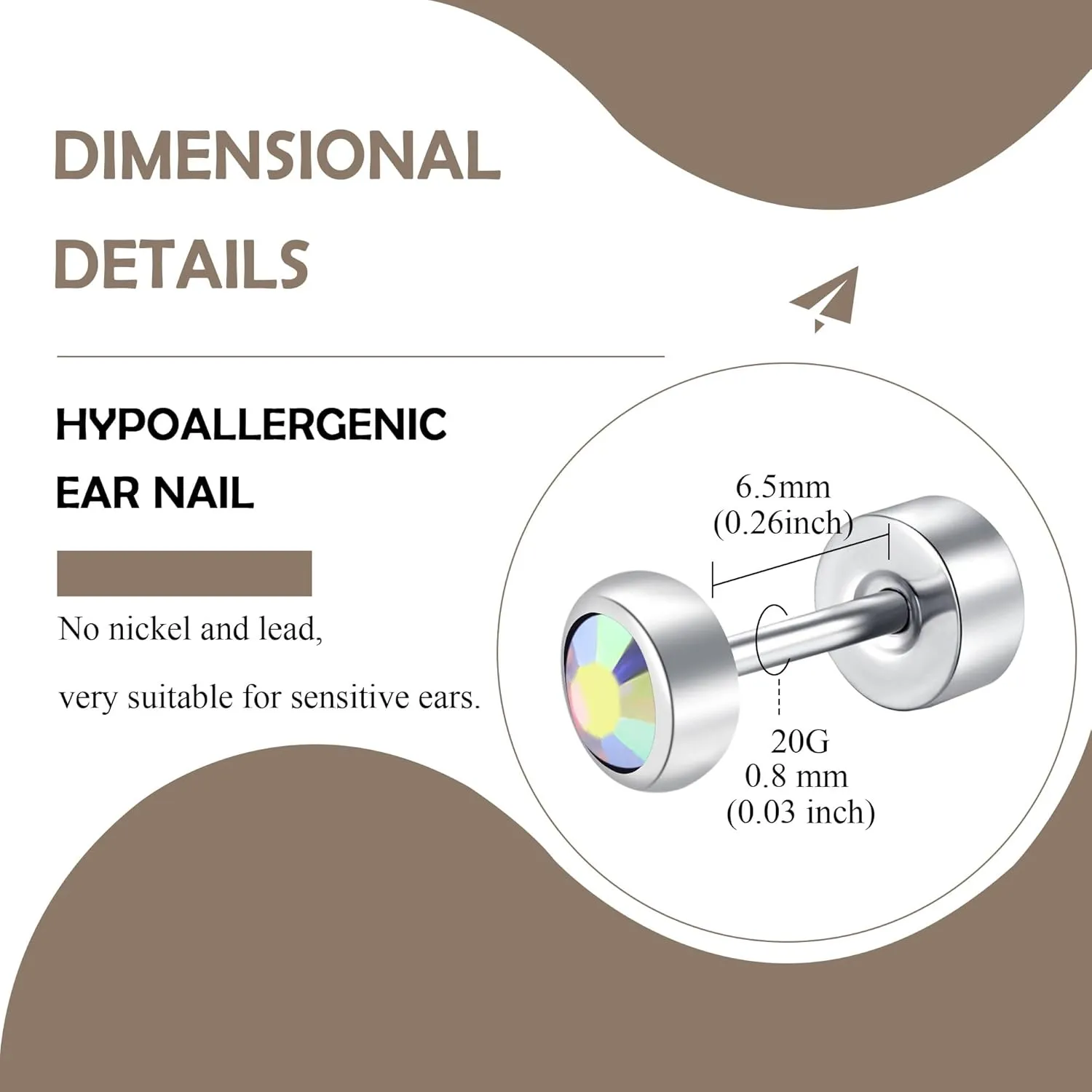 ZDE Titanium Women Flatback Earrings for Women Crystal Stud Earrings Flat Back Earrings Hypoallergenic Cartilage Flatback Earring Tragus Helix Tragus Conch Piercing 3mm-5mm