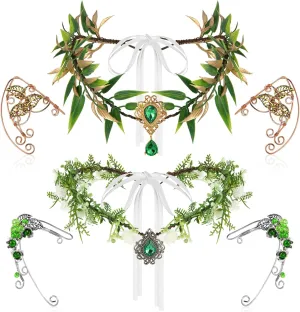 Zeyune 4 Pcs Fairy Flower Headpiece Bride Green Leaf Crown Bohemian Bridal Headband and Elf Ear Cuffs Set Elf Headpiece Fairy Costume Accessories for Women Wedding Flower Clip on Earrings